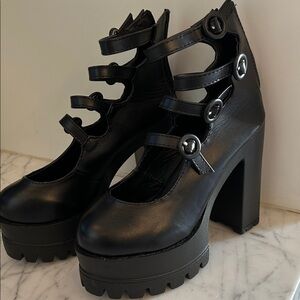 Black Platform Mary Jane Heels with Strapped Buttons - Women
